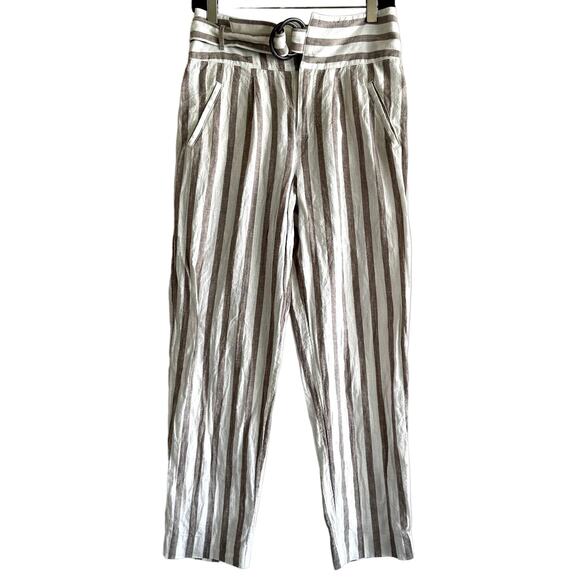 Anthropologie Oasis Striped Pants High Waisted Crop Linen Cotton Tan 2 - Picture 2 of 6